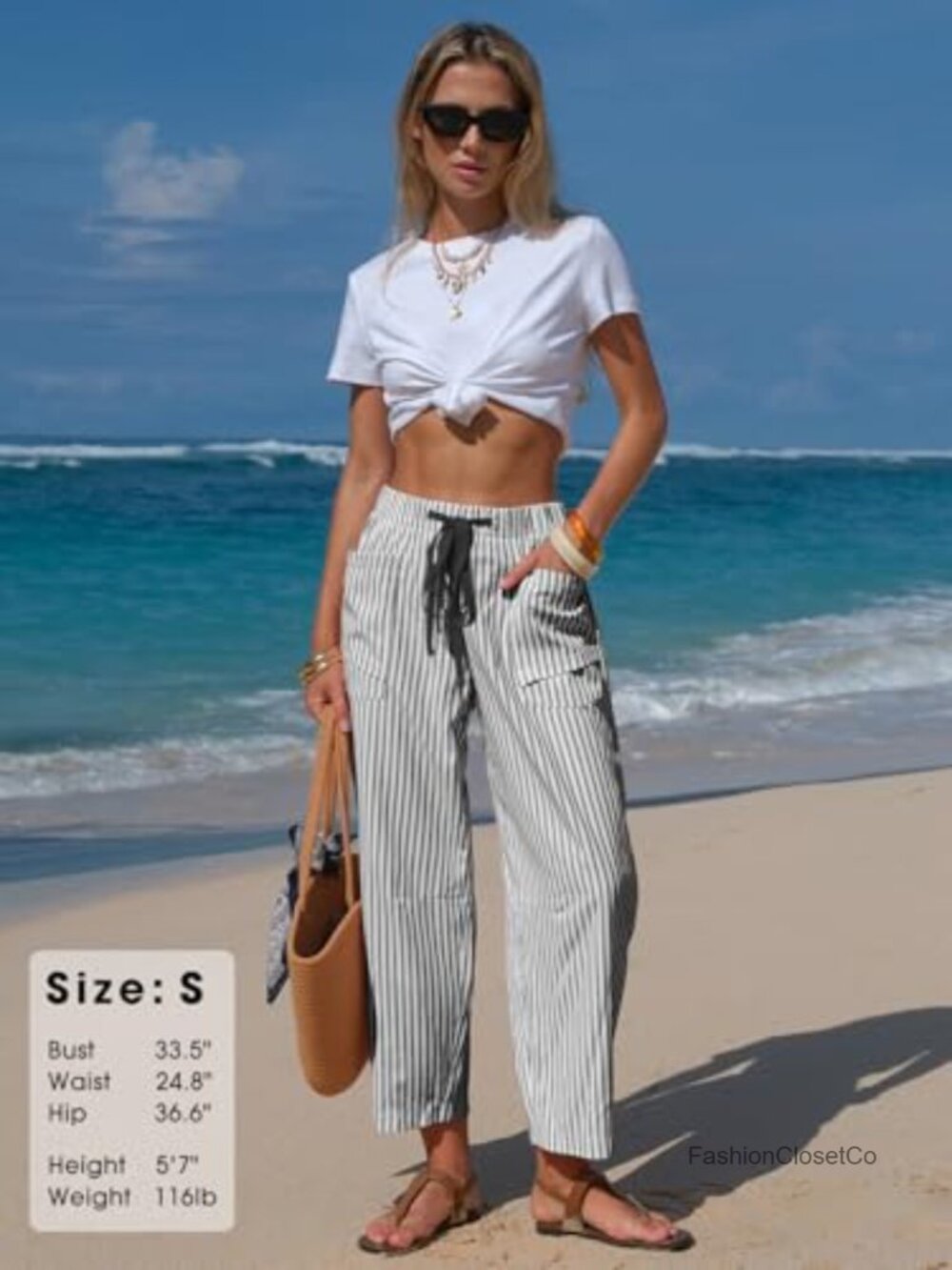 Faux Linen Striped Barrel Pants Drawstring Capri Lounge Trousers with Pockets - Picture 3 of 6